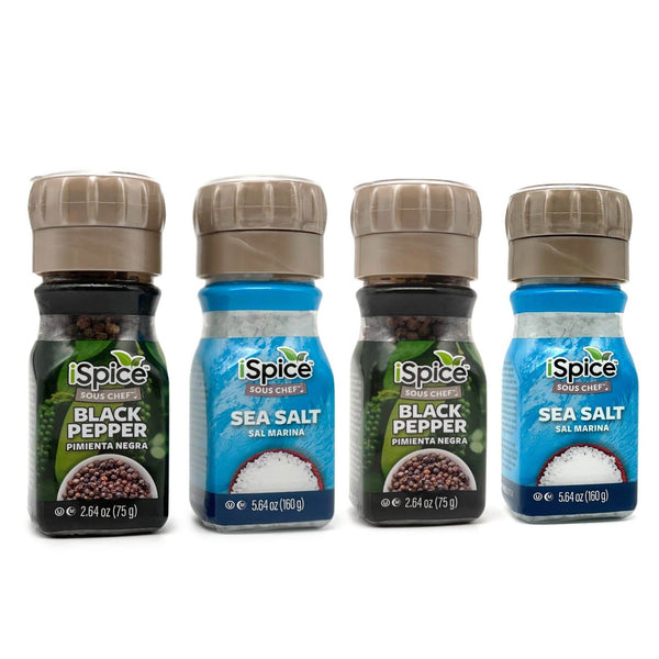 iSpice | 4 Pack of Pepper and Salt Grinder | SavorPair | Mixed Spices & Seasonings Gift Set | Kosher - Black Tai Salt Co.